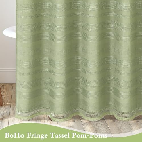 Extra Long Boho Farmhouse Shower Curtain with Tassel, Linen Bohemian French Country Chic Bathroom Shower Curtain Set, Modern Striped Textured Shower Curtain 72x84 - Olive Green - color: Olive Green, size: 72"W x 84"L (Pack of 1)