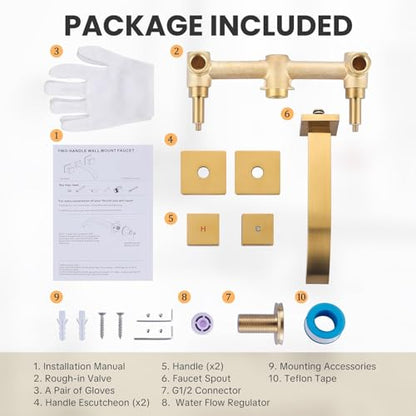 ALEASHA Wall Mounted Bathroom Sink Faucet, Brushed Gold Bathroom Faucet | Waterfall Bathroom Sink Faucet with Two Handles, Controllable Heat and Cold, Solid Brass Wall-Mount Washroom Faucets - color: Brushed Gold