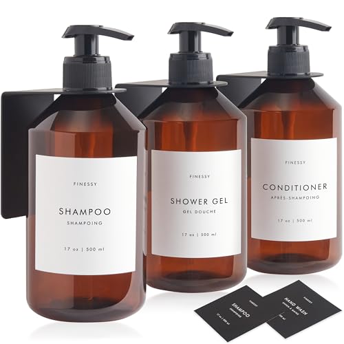 FINESSY Amber Shampoo and Conditioner Dispenser for Shower Wall No Drill | 3 Plastic 17oz Fillable Shower Bottles With Labels. Shower Shampoo Dispenser Wall Mounted. Airbnb Empty Soap Pump Bottles. - color: Luxe Amber