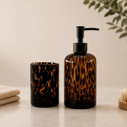 Tortoise Shell Bathroom Accessories | Tortoise Shell Soap Dispenser with Toothbrush Holder | Leopard & Cheetah Bathroom Accessories | Brown Bathroom Decor | Amber Glass Soap Dispenser with Black Pump