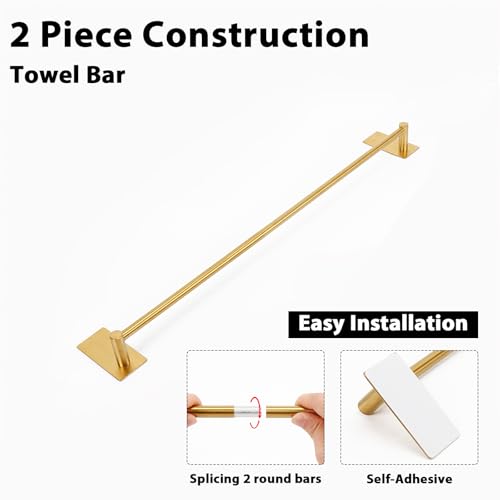 NearMoon Self Adhesive Bathroom Towel Bar- Stainless Steel Bath Wall Shelf Rack Hanging Towel Stick On Sticky Hanger Contemporary Style, NO Drilling (1 Pack, Brushed Gold, 24-Inch Towel Rack) - color: Brushed Gold, size: 24-Inch