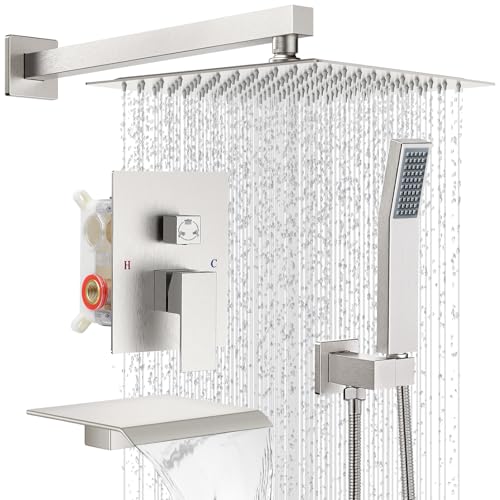 10" Rain Shower Faucet Set with Tub Spout, Brushed Nickel | Anti-scald cartridge, air tech boosts pressure 50%, 3-func diverter, NPT 1/2 - color: Brush Nickel, style: 10"-Wall Mount(With Tub Spout)
