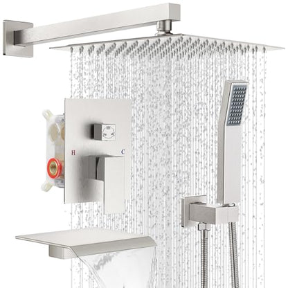 10" Rain Shower Faucet Set with Tub Spout, Brushed Nickel | Anti-scald cartridge, air tech boosts pressure 50%, 3-func diverter, NPT 1/2 - color: Brush Nickel, style: 10"-Wall Mount(With Tub Spout)
