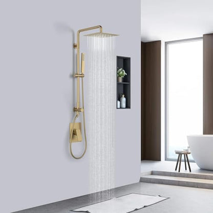 KIBI Cube 2-Function Wall Mounted Rain Shower Column | Bathroom Shower Faucet System with Solid Brass Rough-In Valve, 10" Rain Shower Head | Easy Temperature Control (Brushed Brass, KSC404) - color: Brushed Brass
