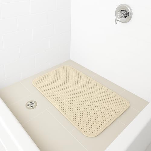 Bathtub and Shower Soft Waffle Cushioned Texture Spa Bathroom Shower and Bath Mat Non Slip 27.5" x 16" with Suction Cups and Drain Holes (Beige) - color: Beige