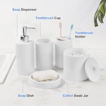 5 Pack Bathroom Accessories Set, White Resin Bathroom Set | Resin Soap Dispenser and Toothbrush Holder Set, Tumbler & Soap Dish, Cotton Swab Jars, Modern Bathroom Decor Sink Sets