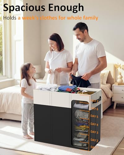 Optish 180L Laundry Hamper 3 Section, Large Laundry Hamper with Lid, Dirty Clothes Hampers with 3 Inner Bags, Laundry Basket Organizer for Bedroom, Bathroom, Hamper 3 Compartment, White & Black - color: White & Black