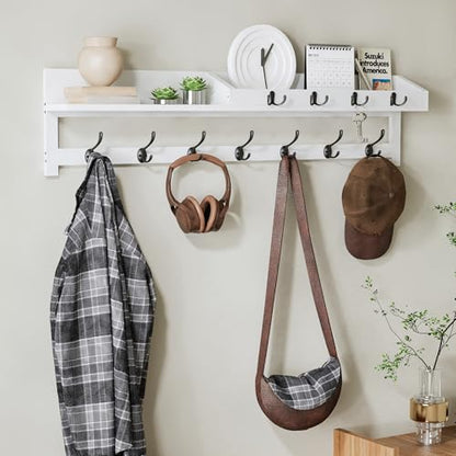 AMBIRD 35 inch Coat Rack Wall Mount, Extra Long Coat Hooks Wall Mount, Entryway Shelf with 7 Dual Coat Hooks 4 Key Hooks Mail Organizer, Wooden Wall Coat Rack with Hooks, Key Holder Rack (White) - color: White, size: 35" L