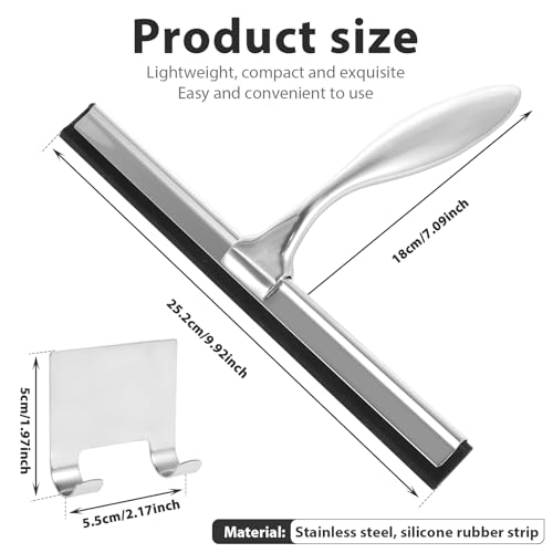 Shower Squeegee with Hook Holder, Easy to Install, Stainless Steel Bath Squeegee, Efficient Bathroom Household Cleaner Tool, Silver Shower Squeegee, Lightweight Bath Squeegee for Windows