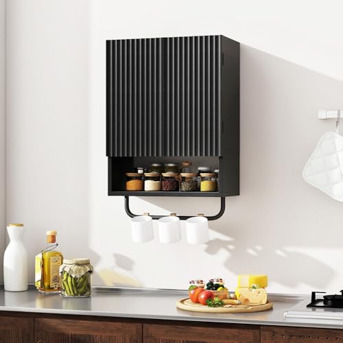 IBUYKE Bathroom Wall Cabinet Over Toilet Cabinet for Bathroom UWBS003B | with Doors and Adjustable Shelf, Towel Bar, Wall Mounted, for Laundry Room & Living Room Kitchen, Black,Modern - color: Black