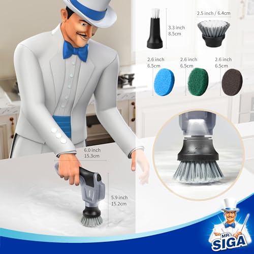 MR.SIGA Electric Spin Scrubber for Kitchen and Bathroom Cleaning | Waterproof rechargeable cordless spin scrubber with 5 replaceable cleaning brushes and scouring pads