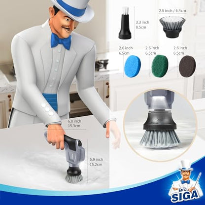 MR.SIGA Electric Spin Scrubber for Kitchen and Bathroom Cleaning | Waterproof rechargeable cordless spin scrubber with 5 replaceable cleaning brushes and scouring pads