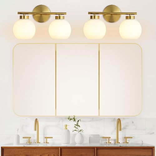 2 Light Bathroom Vanity Light, Gold Bathroom Light Fixtures Over Mirror, Mid Century Modern Wall Sconce with Frosted Globe Glass Shades, Brass Vanity Light, E26 Socket - color: Gold & Milky White Glass, size: 2-Light