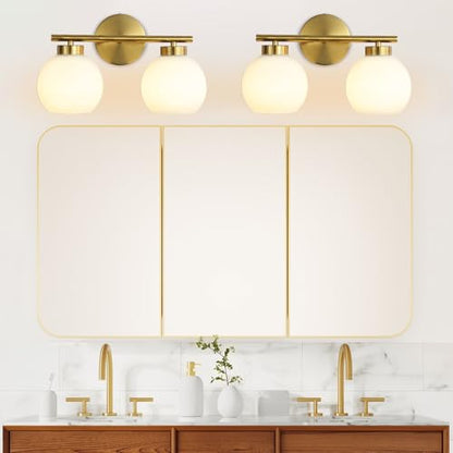 2 Light Bathroom Vanity Light, Gold Bathroom Light Fixtures Over Mirror, Mid Century Modern Wall Sconce with Frosted Globe Glass Shades, Brass Vanity Light, E26 Socket - color: Gold & Milky White Glass, size: 2-Light