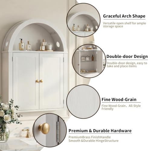 Bathroom Wall Cabinet with LED Light, Over The Toilet Storage Cabinet, Arched Bathroom Cabinet Wall Mount with 2 Doors & Adjustable Shelves, Above Bathroom Sink Cabinet for Laundry Kitchen (White) - color: White