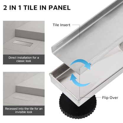 12 Inch Linear Shower Drain Brushed Nickel, Rectangular Reversible 2 in 1 Tile Insert Grate, 304 Stainless Steel Shower Floor Drain Kit, Hair Catcher, Leveling Feet - color: Brushed Nickel, size: 3"x 12"-Tile Insert