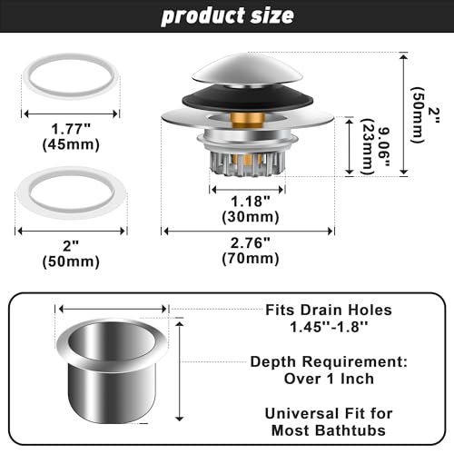 Bathtub Drain Stopper, Pop-Up Tub Drain Hair Catcher, Universal Bath Tub Drain Plug & Cover for 1.45-1.8 Inch Drain Holes, Replaces Lift & Turn, Tip Toe, or Trip Lever, Silver Finish (1)