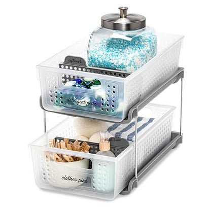 madesmart Premium 2 Tier Organizer, Under Cabinet Storage with Pull Out Sliding Drawers, for Cleaning Supplies, Undersink, Sponges, Bottles & Bath, Adjustable Dividers & Pull Out Baskets, Frost