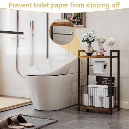 IBUYKE Toilet Paper Holder Stand Bathroom Tissue Roll Dispenser TLJ020H | Freestanding,with Extra Space for Rolls Magazines Wet Wipes, for 7–9 rolls of standard toilet paper,Brown - color: Brown