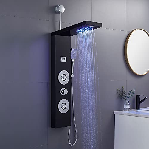 ROVOGO RETROFIT Shower Panel Tower with LED Lights and Temperature Display | Rainfall Waterfall Shower Head, Body Jets and Handheld, Stainless Shower Column Black, Easy Connect, NOT INCLUDE MIXING VALVE
