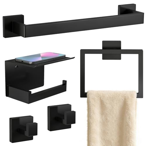 STWWO 5-Piece Matte Black Bathroom Accessories Hardware Set | Stainless Steel Towel Racks for Bathroom, 16 Inch Bath Towel Bar Set Wall Mounted - color: Matte Black, size: 16 inch-5pcs