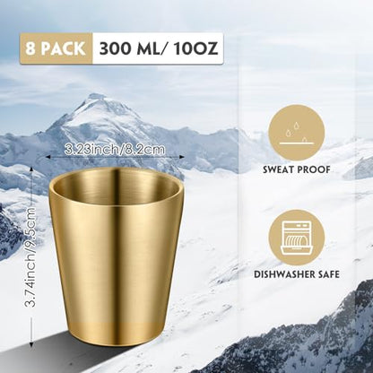 Mimorou 8 Pack Stainless Steel Insulated Cup 10 oz Metal Tumbler Double Wall Vacuum Water Glasses Camping Reusable Mugs BBQ Home Office Party Coffee(Gold) - color: Gold, size: 10 oz
