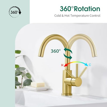 CREA Bar Sink Faucet Single Hole,Brushed Gold Faucets for Large Bathroom Basin/Small Kitchen Sink,Stainless Steel with Deck Plate,Prep Wet Bar Lavatory Vanity Outdoor - color: Gold