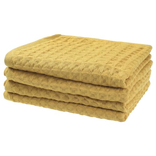 100% Cotton Home Soft Absorbent Hand Towels 14" x 32", Waffle Weave Towel Sets for Bathroom, Kitchen 4 Pack Yellow