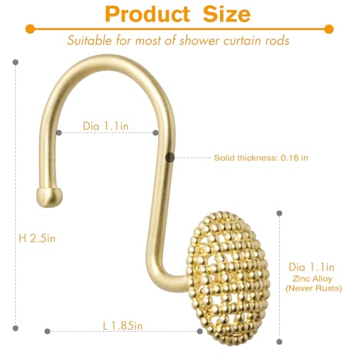 Pearlbee Gold Shower Curtain Hooks, 12Pcs Rustproof Heavy Duty Zinc Alloy | Round beaded design, 4mm zinc alloy, rustproof, anti-drop, smooth glide, easy install, Modern Decorative, matte gold - color: Gold