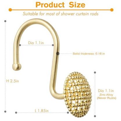 Pearlbee Gold Shower Curtain Hooks, 12Pcs Rustproof Heavy Duty Zinc Alloy | Round beaded design, 4mm zinc alloy, rustproof, anti-drop, smooth glide, easy install, Modern Decorative, matte gold - color: Gold