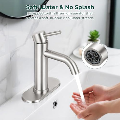 Bathroom Faucet, Single Handle Vanity Sink Faucet, Brushed Nickel | Brushed Nickel, for 1/3-Hole, Stainless Steel, Ceramic Cartridge, Pop-Up Drain, Deck Plate, For Vanity Powder Laundry - color: Brushed Nickel