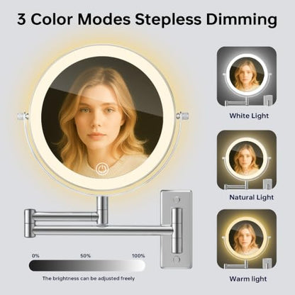 1X/20X Wall Mount Makeup Mirror with Lights and Magnification, Chrome | 8" Double Sided Wall Mounted Magnifying Mirror with 360° Swivel Extension Arm, Dimmable, Rechargeable, Touch Control, Silver - color: Chrome