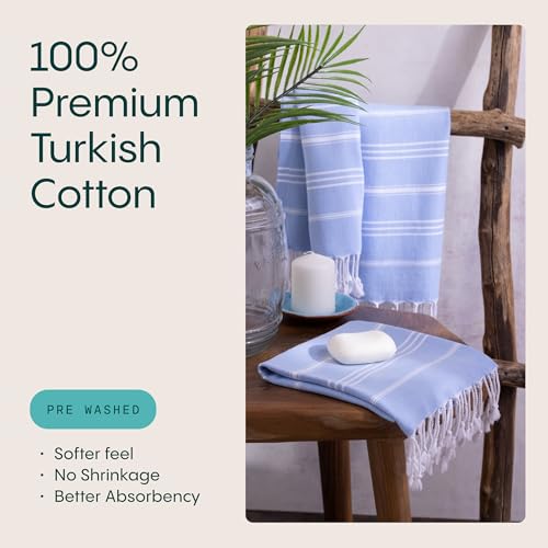 WETCAT Turkish Hand Towels with Hanging Loop, Set of 2 (20" x 30") 100% Turkish Cotton, Pre-Washed, Quick Drying, for Kitchen or Bathroom - Light Blue - color: Light Blue