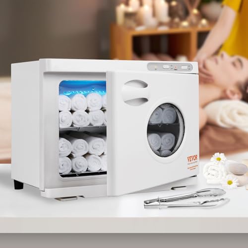 VEVOR 23L Large Capacity Hot Warmers with See Through Window, Two Stainless Steel Racks, Holds up 50-60 Towels, 2-in-1 Quick and All-Round Heating for Facials, SPA, Massage, Salon, White
