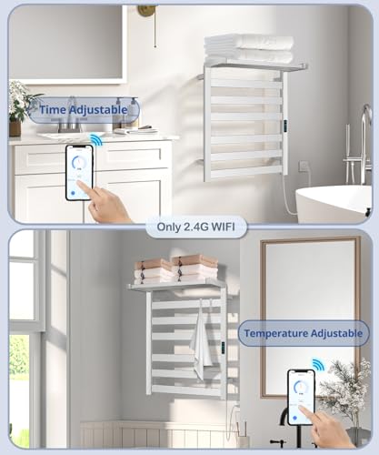 WiFi Heated Towel Rack Wall Mounted, Electric Towel Warmer, Brushed Nickel | WiFi App Remote, Foldable Space-Saving Bracket, Child Lock, 5 Temp Levels, 1–24H Timer, LED Display, Stainless Steel, Plug-in - color: Brushed Nickel