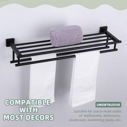 Angle Simple Bath Towel Shelf with 2 Holders, Matte Black, 27.56 Inches | Stainless Steel Bathroom Towel Rack with Double Bars, Extra Storage Space, Screw Wall Mount - color: Matte Black, size: 27.56-Inch