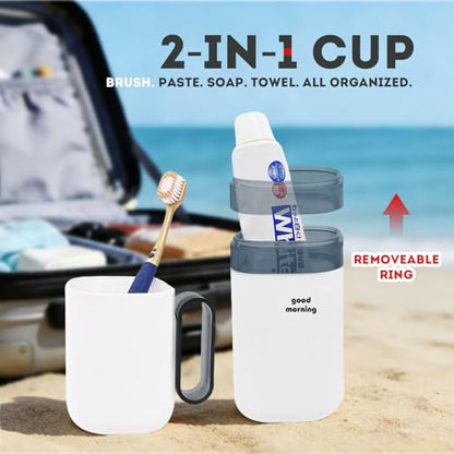 Toothbrush Travel Case,Toothbrush Holder and Rinse Cup with Handle Travel Toothbrush Holder,Multifunctional Toothbrush Cup,Large Capacit Travel Toothbrush Holder with Mouthwash Cup(Purple+Blue) - color: 2pcs-grayish Blue+purple