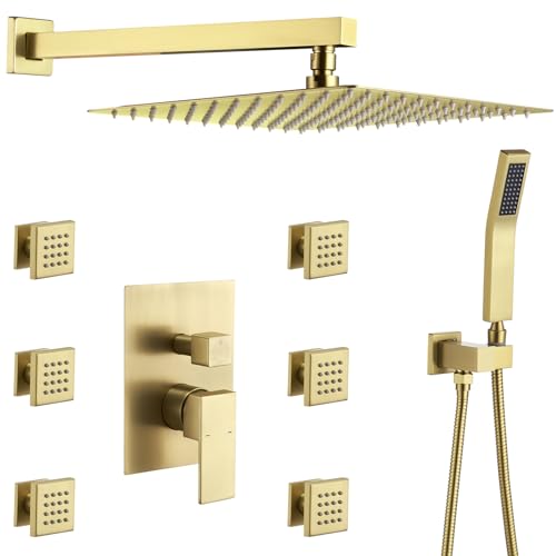 Rain Shower System With Complete 6 Pcs Body Sprays Jets And Pressured Balance Rough-in Valve,12Inch Rainfall Shower Head And Handheld, Modern Brushed Gold Wall Mount Shower Faucets Sets - color: Brushed Gold, style: Wall-Mounted 6 Jets