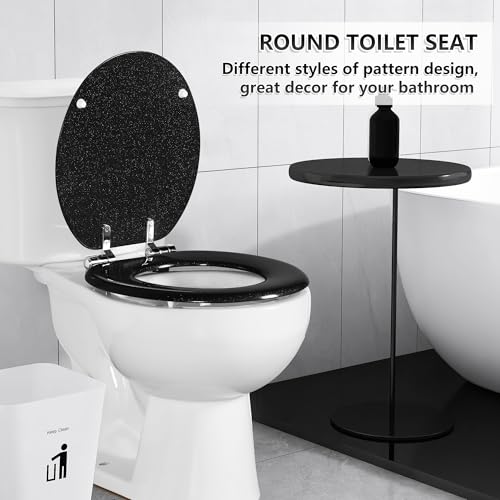 Angol Shiold Glitter Toilet Seat Molded Wood Round Toilet Seat with Quietly Close and Quick Release Hinges, Easy to Install also Easy to Clean (Round 16.5'', Black) - color: Black, size: Round 16.5‘’