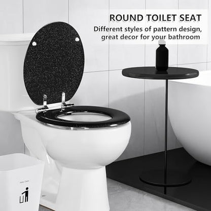 Angol Shiold Glitter Toilet Seat Molded Wood Round Toilet Seat with Quietly Close and Quick Release Hinges, Easy to Install also Easy to Clean (Round 16.5'', Black) - color: Black, size: Round 16.5‘’