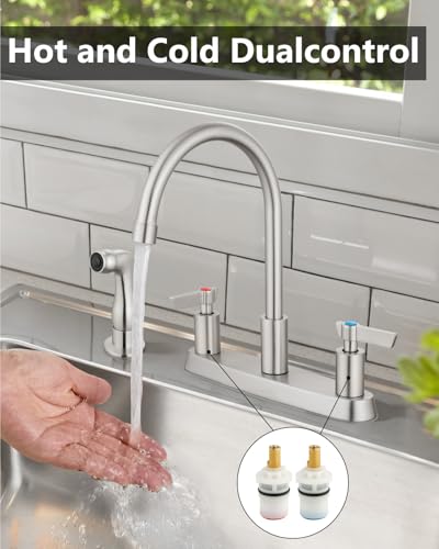 Kitchen Faucet with Side Sprayer, 8 Inch Centerset 4-Hole Nickel | Lead-Free 4-Hole High Arc Kitchen Sink Faucet, 1.8 GPM, 360° Spout - color: Nickel