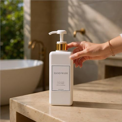 Modern Gold Design Shampoo and Conditioner Dispenser - Large 27oz Shower Soap Dispenser, Set of 3 Refillable Empty Plastic Pump Bottles for Bathroom and Body Wash (6 Waterproof Labels Included), White - color: White