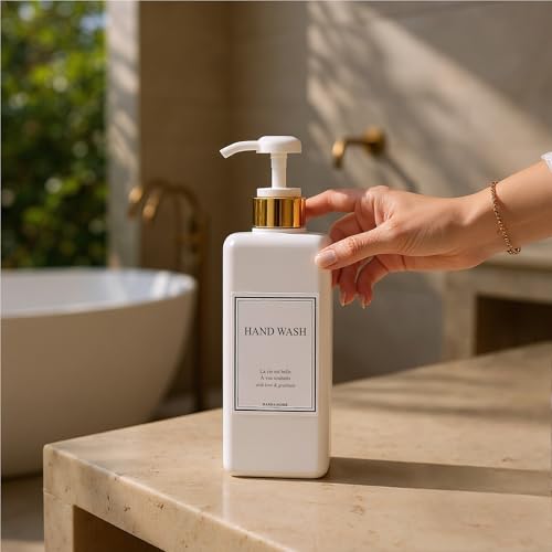 Modern Gold Design Shampoo and Conditioner Dispenser - Large 27oz Shower Soap Dispenser, Set of 3 Refillable Empty Plastic Pump Bottles for Bathroom and Body Wash (6 Waterproof Labels Included), White - color: White