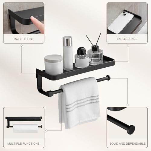 Paper Towel Holder Wall Mount with Shelf, Bathroom/Kitchen Paper Towel Holder, Effortless One-Handed Tear, Rust-Proof Metal for Bedroom - color: Black