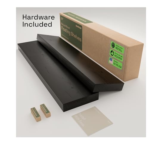 Solid Wood Floating Shelves for Wall 30 Inches Long, Black Wooden Shelf | Real Wood, 30 Inch, Bathroom Shelf Large, Heavy Duty, Wall Mounted, Kitchen Bedroom, Black Finish, 30W × 6.7D, Set of 2 - color: Black, size: 30 Inch