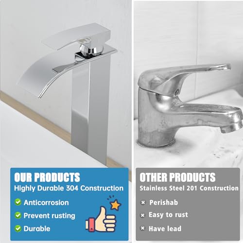 RUMOSE Tall Bathroom Faucet Vessel Sink Faucet with Drain, Polished Chrome | Modern Single Handle One Hole Bathroom Faucet Waterfall Rv Lavatory Vanity Faucet Mixer Tap, Pop Up Drain, Stainless Steel - color: Polished Chrome