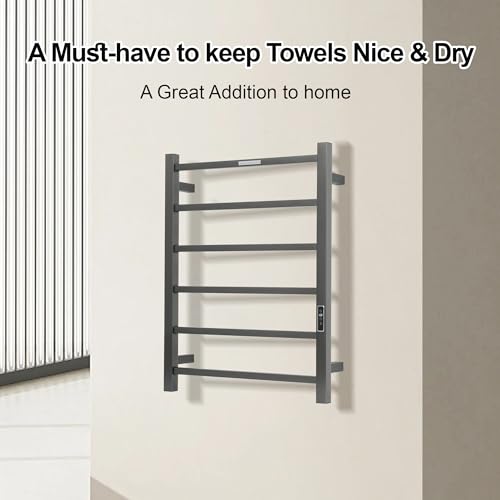 Electric Heated Towel Warmer - Wall Mounted Bathroom Towel Rack, Plug-in Design & Brushed Stainless Steel 6 Bar Gunmetal with Timer & Temperature Control - color: Square Gunmetal With Timer, size: 6 Bar