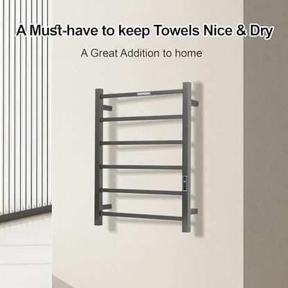 Electric Heated Towel Warmer - Wall Mounted Bathroom Towel Rack, Plug-in Design & Brushed Stainless Steel 6 Bar Gunmetal with Timer & Temperature Control - color: Square Gunmetal With Timer, size: 6 Bar