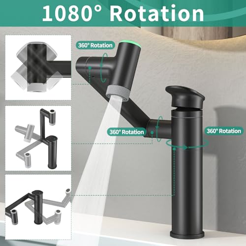 Modern Bathroom Faucet 1 Hole with Temperature Display, Matte Black | Batteries-Free, 1080° Rotatable Single Hole Bathroom Faucet, Single Handle Bathroom Vanity Faucets, 2 Spray Modes - color: Matte Black