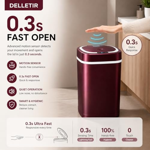 Smart Trash Can, Motion Sensor Trash Can with Lid, 15L Touchless Automatic Garbage Can for Bathroom, Bedroom & Office, Stainless Steel, Quiet Soft-Close, Long Battery Life, Wine - color: Wine